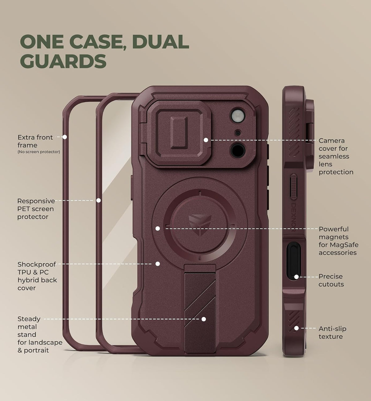 Dexnor Funda para teléfono Pro 2026/2025, [2 marcos frontales y funda abatible integrada para cámara y soporte], compatible con MagSafe, funda resistente a prueba de golpes con protector de pantalla