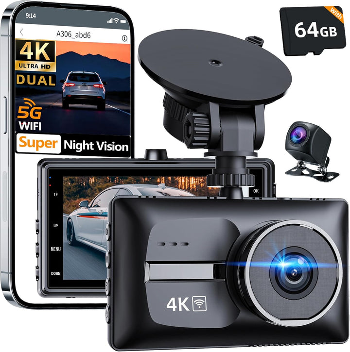 Cámara de tablero de auto dual delantera y trasera 4K