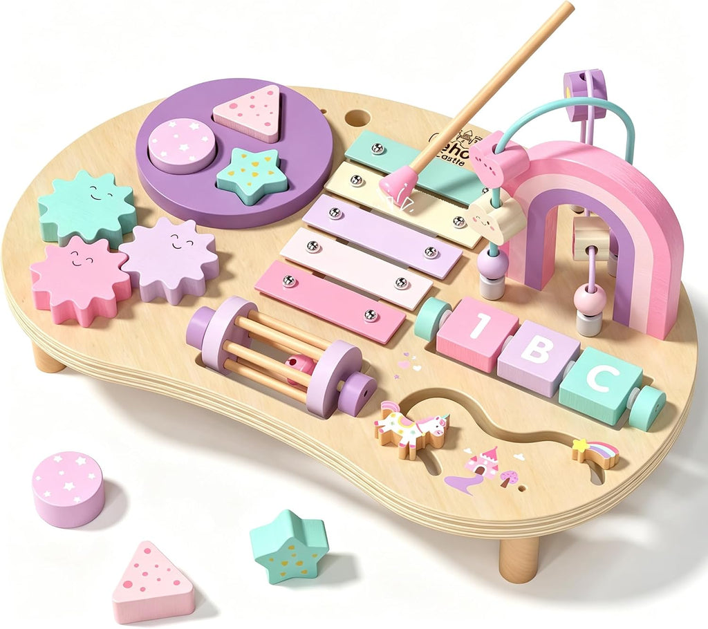 Lehoo Castle Mesa de actividades Montessori de madera para niñas de 1 año