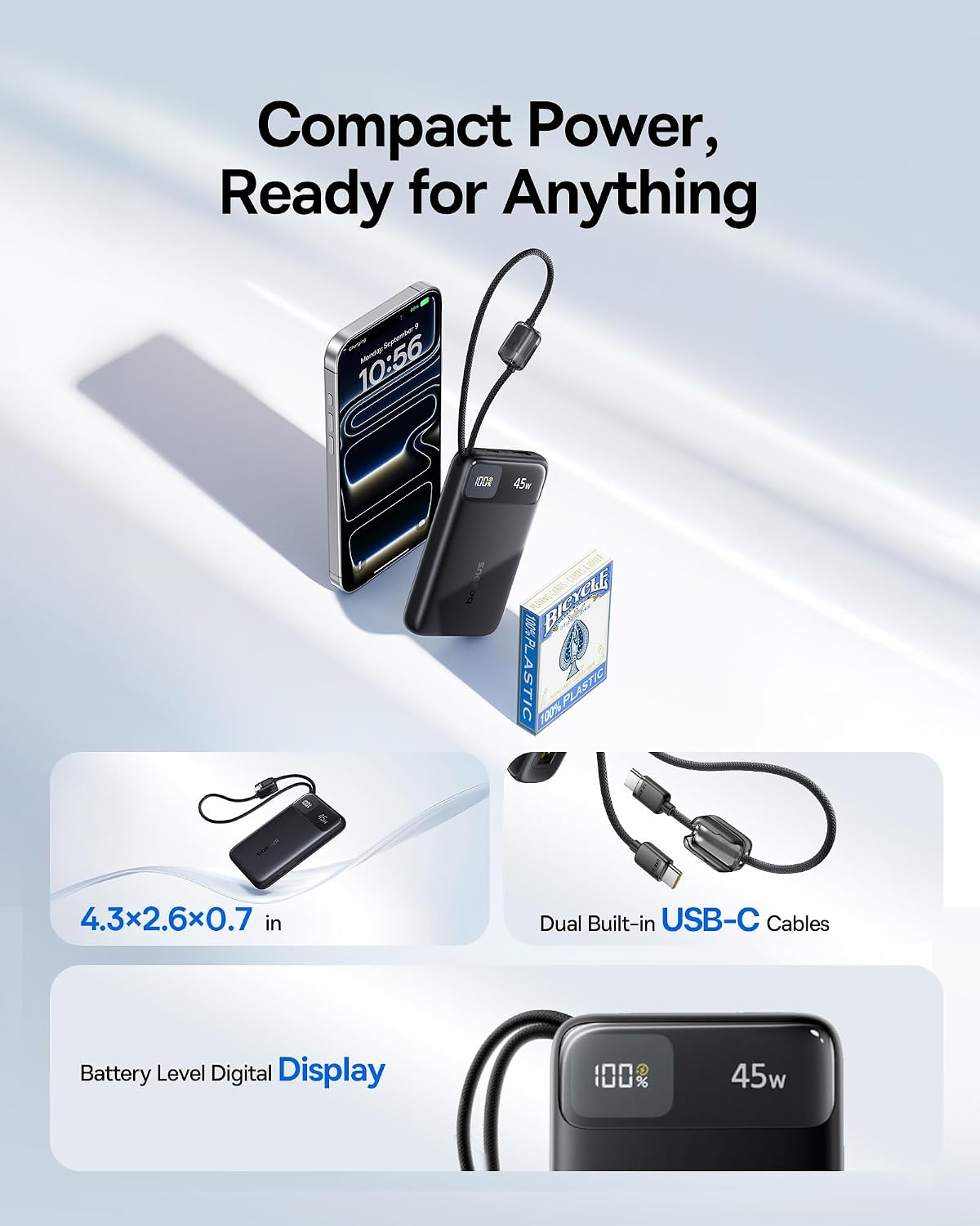 Baseus Banco de energía ultra delgado de 45 W, 10000 mAh, cables US...