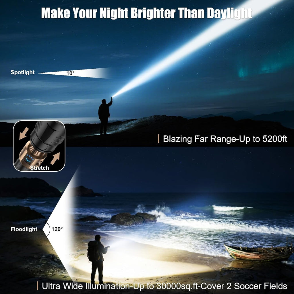 SKYFIRE Linternas de alto lúmenes con lente de encendido y luz de 3 colores, 10000 linterna recargable súper brillante de 3000 lm, zoom, 12 modos, luz táctica impermeable para exteriores