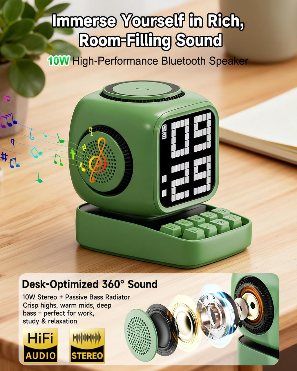 Altavoz Bluetooth 5 en 1 de robot retro: cargador inalámbrico de 15 W, pantalla LED de píxeles, sonido estéreo de 10 W y 15 ruido blanco, reloj despertador, lindo altavoz inalámbrico portátil para