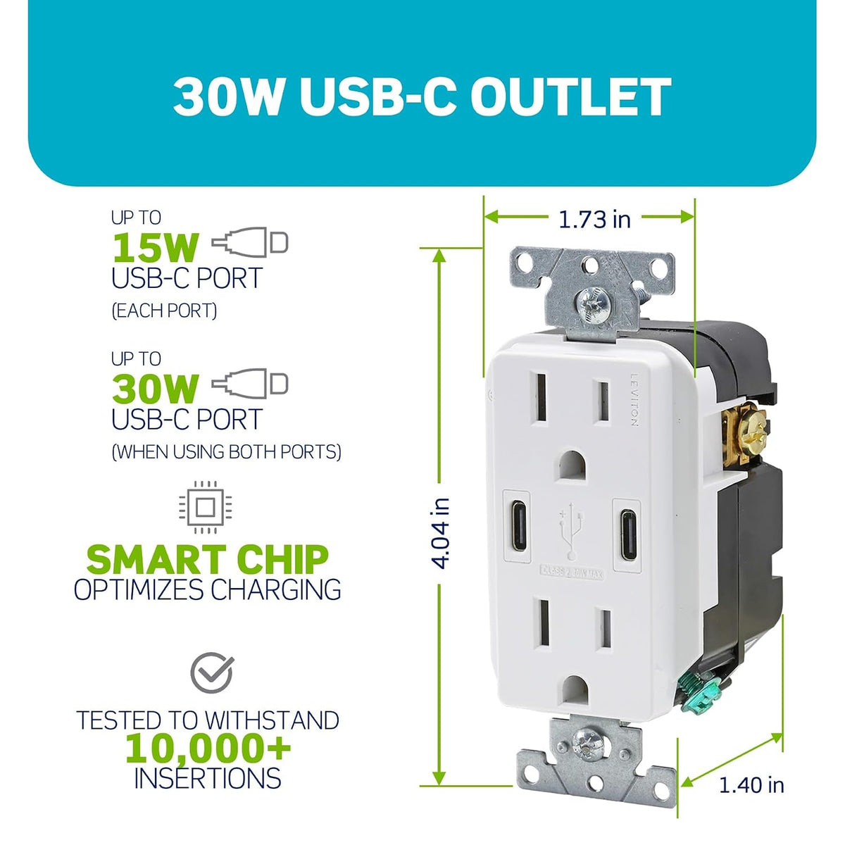 Leviton Decora - Toma de pared USB-C de 30 W, receptáculo TR, 15 A, CC1X3-W