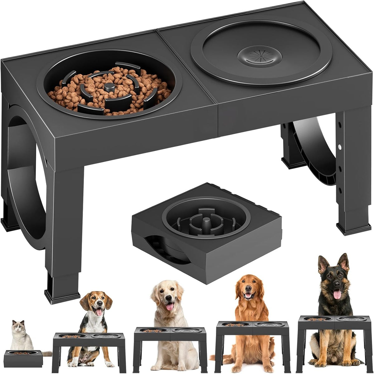 XIAZ Cuencos elevados para perros de razas grandes, soporte para cuencos para perros grandes/medianos, comedero lento para perros, cuencos para alimentos y agua, soportes de 5 alturas ajustables de 9/11/12/14 pulgadas para comedero para mascotas