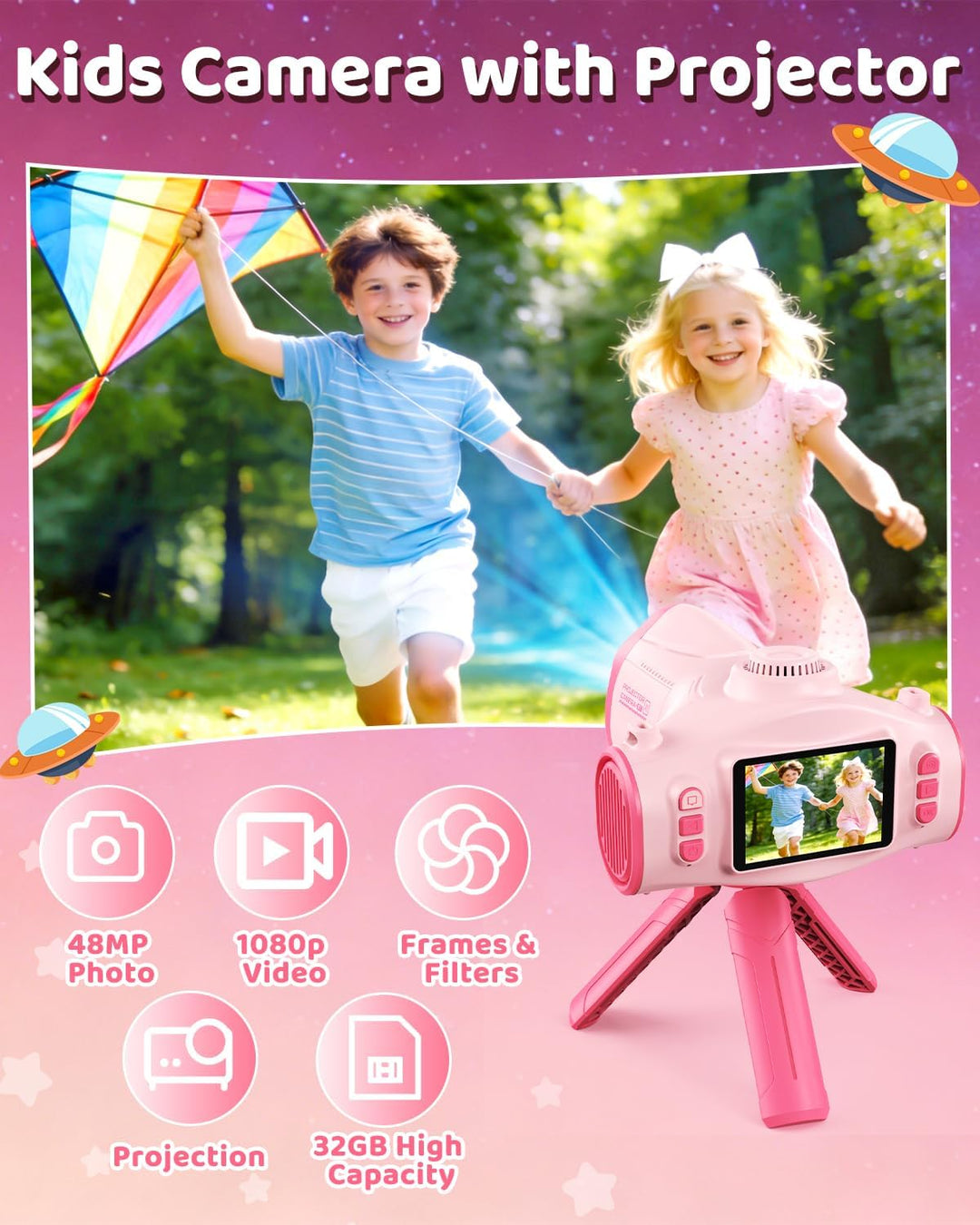 Cámara para niños con proyector, cámara digital HD 1080P para niños...