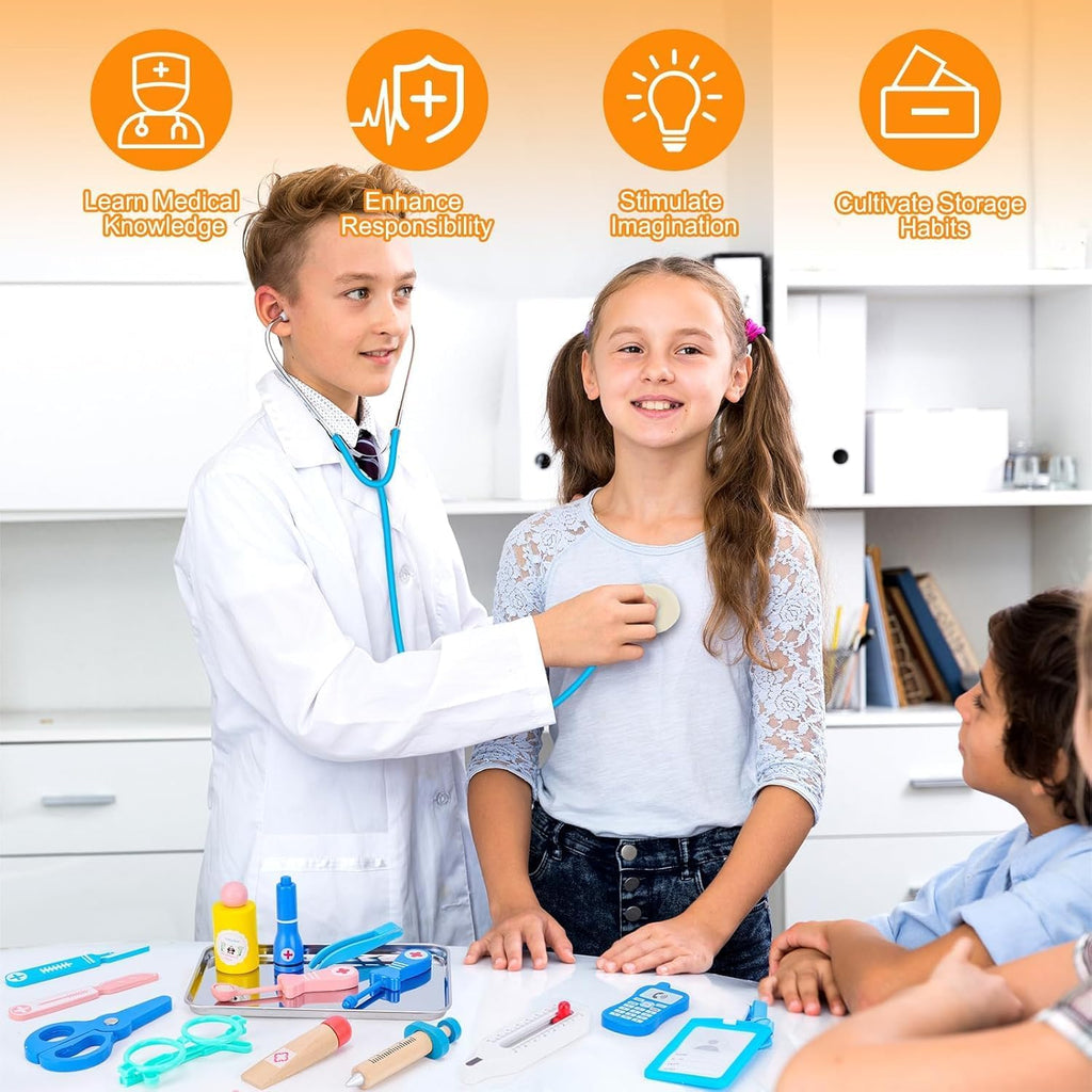 Kit de médico para niños pequeños de 3 a 5 años, kit de médico para niños con bolsa de almacenamiento médico y estetoscopio real, disfraz de médico para juegos de simulación, regalo de cumpleaños para niñas y niños (21 piezas)