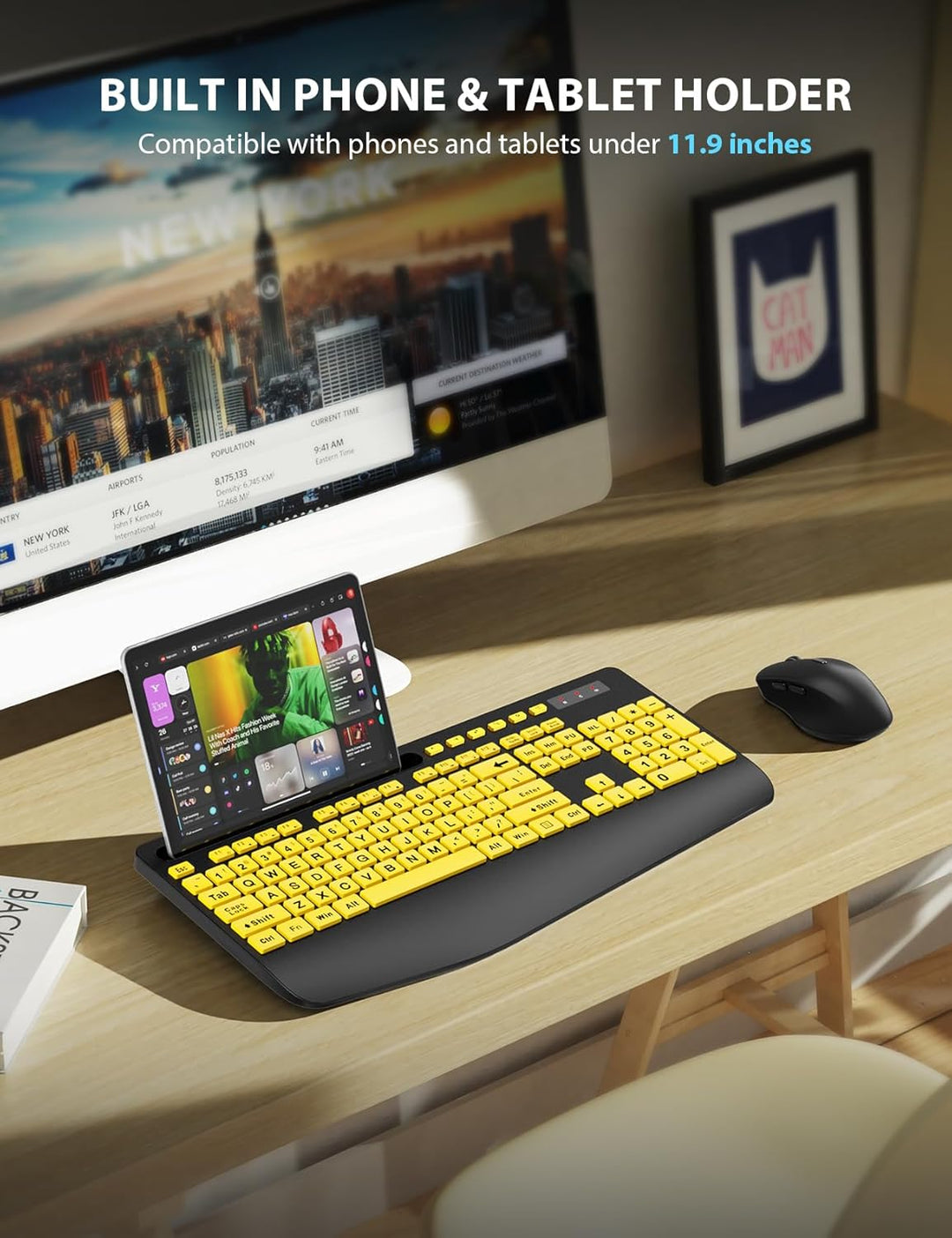Combo de teclado y mouse inalámbricos - Teclado ergonómico de letra...
