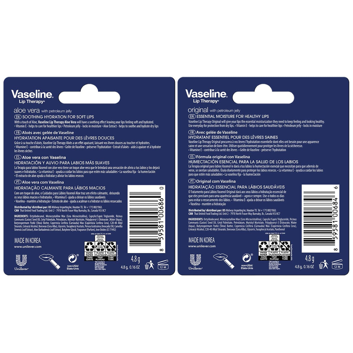 Vaseline Paquete de 4 variedades de terapia de labios, bálsamo labi...