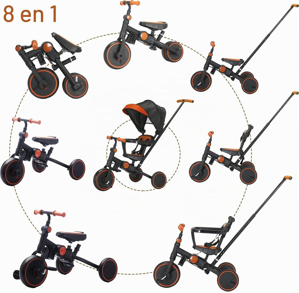 Triciclo plegable de empuje para niños pequeños con toldo, triciclo de equilibrio 8 en 1 con asa, triciclo para niños de 1 a 3 años, triciclos plegables para niños (negro)