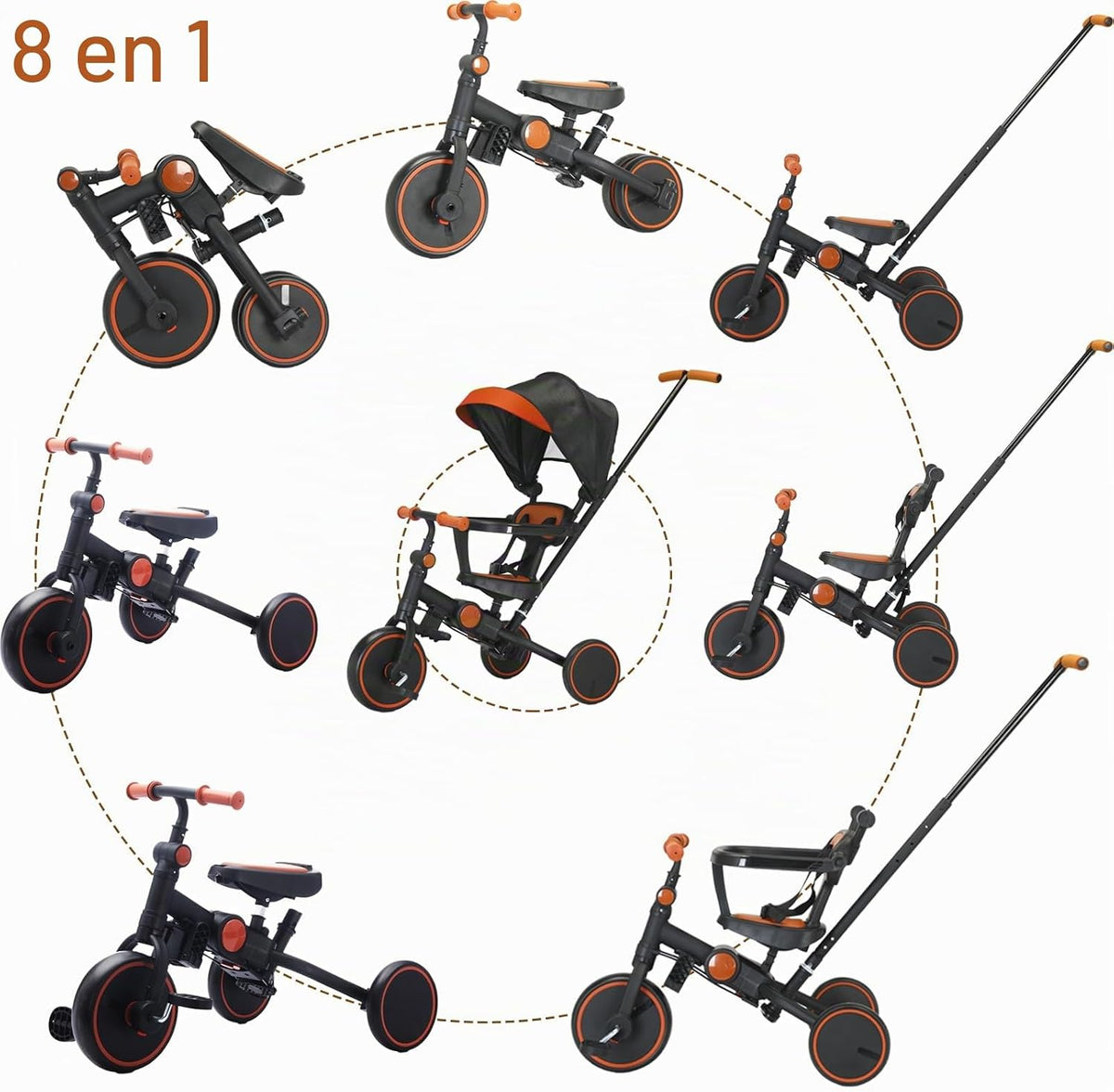 Triciclo plegable de empuje para niños pequeños con toldo, triciclo de equilibrio 8 en 1 con asa, triciclo para niños de 1 a 3 años, triciclos plegables para niños (negro)