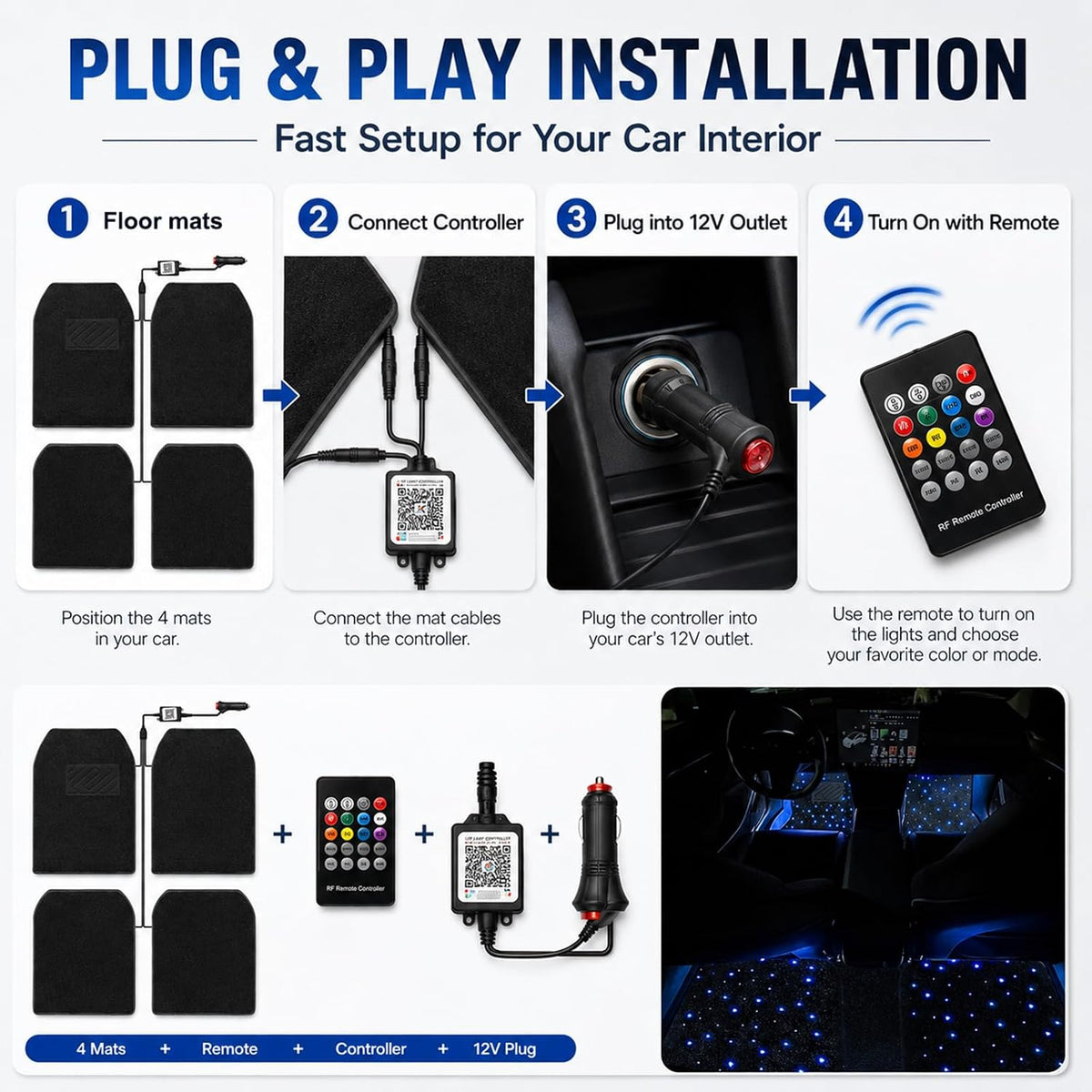 Alfombrillas LED para automóvil con control de aplicación, 100 modos de luz RGB, luces interiores de luz de estrellas de ajuste universal, impermeables, lavables, accesorios de automóvil para un