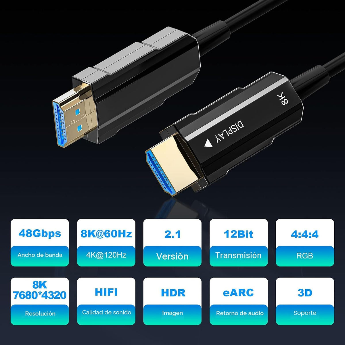 Cable HDMI de fibra óptica de 50 pies, cable HDMI 2.1 de 8 K de largo, cable HDMI de fibra de ultra alta velocidad, 48 Gbps, 8K a 60 Hz 4K a 120 Hz, HDR dinámico, eARC, HDCP 2.2 y 2.3, 3D, para monitor HDTV, portátil, Xbox PS4/PS5
