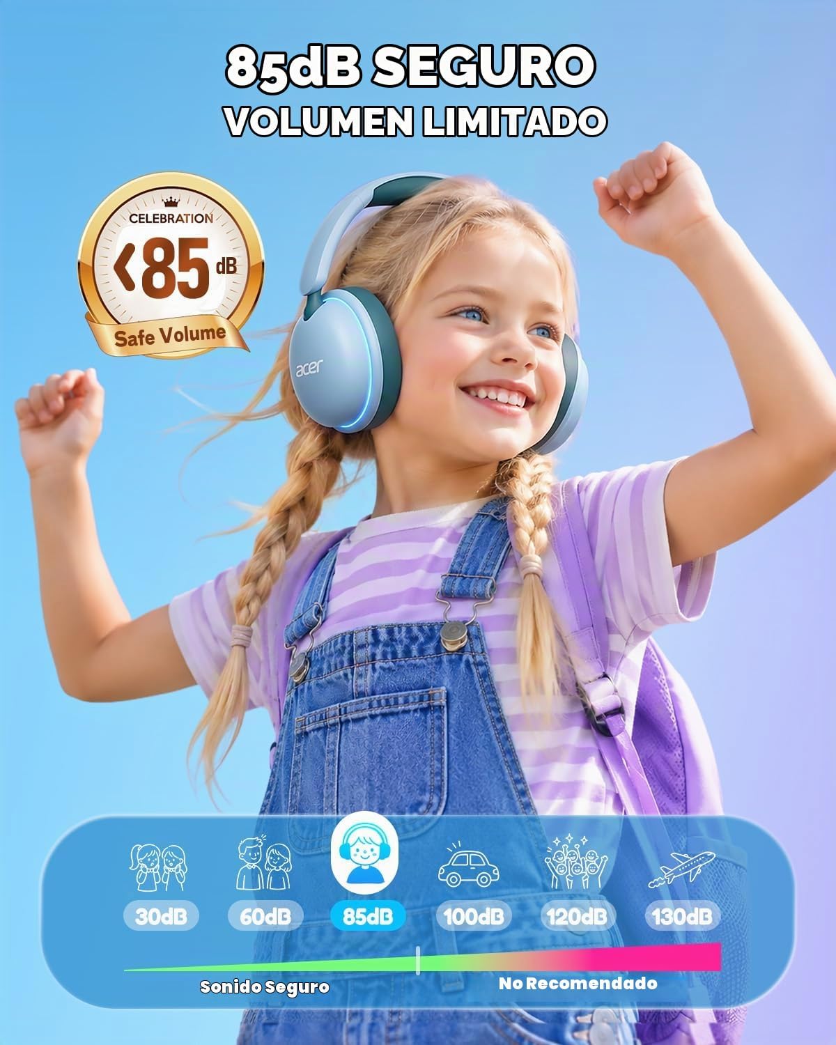 Acer OHR727 - Auriculares Bluetooth para niños, diseño cómodo sobre la