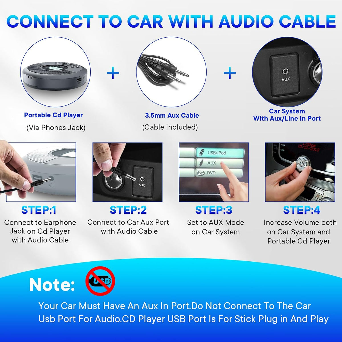 Reproductor de CD portátil Bluetooth con altavoces y auriculares