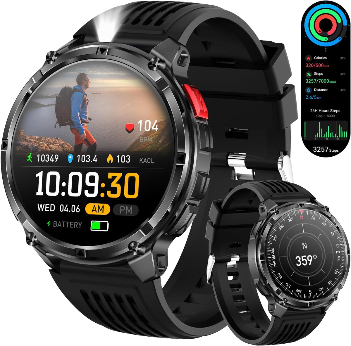 Reloj inteligente para hombre para teléfonos Android y iPhone, relojes inteligentes deportivos militares para hombres, reloj de seguimiento de actividad física con linterna/brújula/impermeable/batería