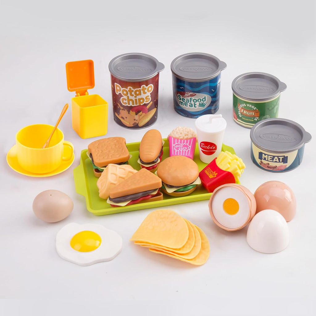 Mini accesorios de cocina de 200 piezas para niños a partir de 3 años, juego de cocina de simulación con utensilios de cocina, vajilla y 2 juegos de frutas, regalo de aprendizaje para niñas y niños, amarillo