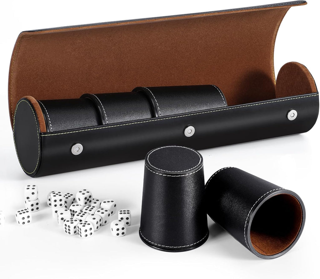 Juego de tazas de cuero para dados, 5 tazas de dados negros, 25 dados con
