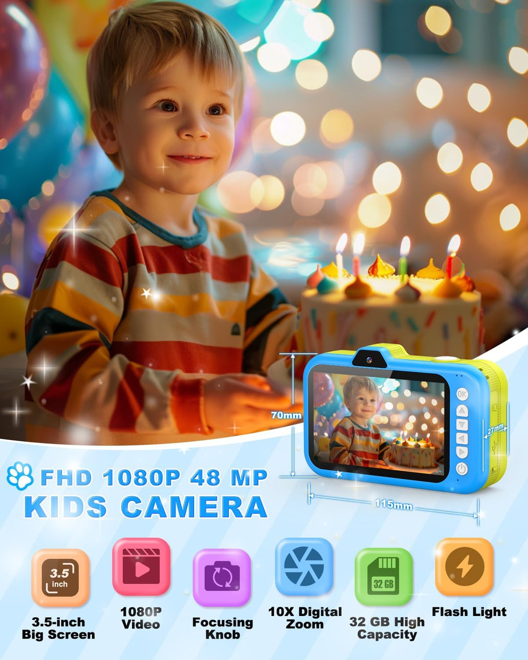 Cámara para niños Uffylle, selfie frontal de 1080P 48MP, cámara de...