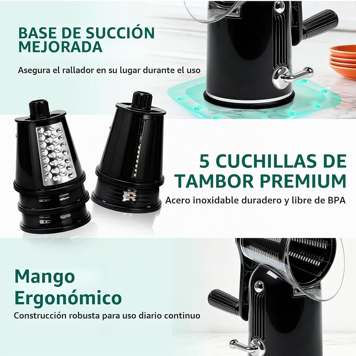 Rallador de queso giratorio de manivela, 5 cuchillas, trituradora de alimentos, picadora, base redonda de succión fuerte, accesorio de cocina con caja de almacenamiento para frutas y