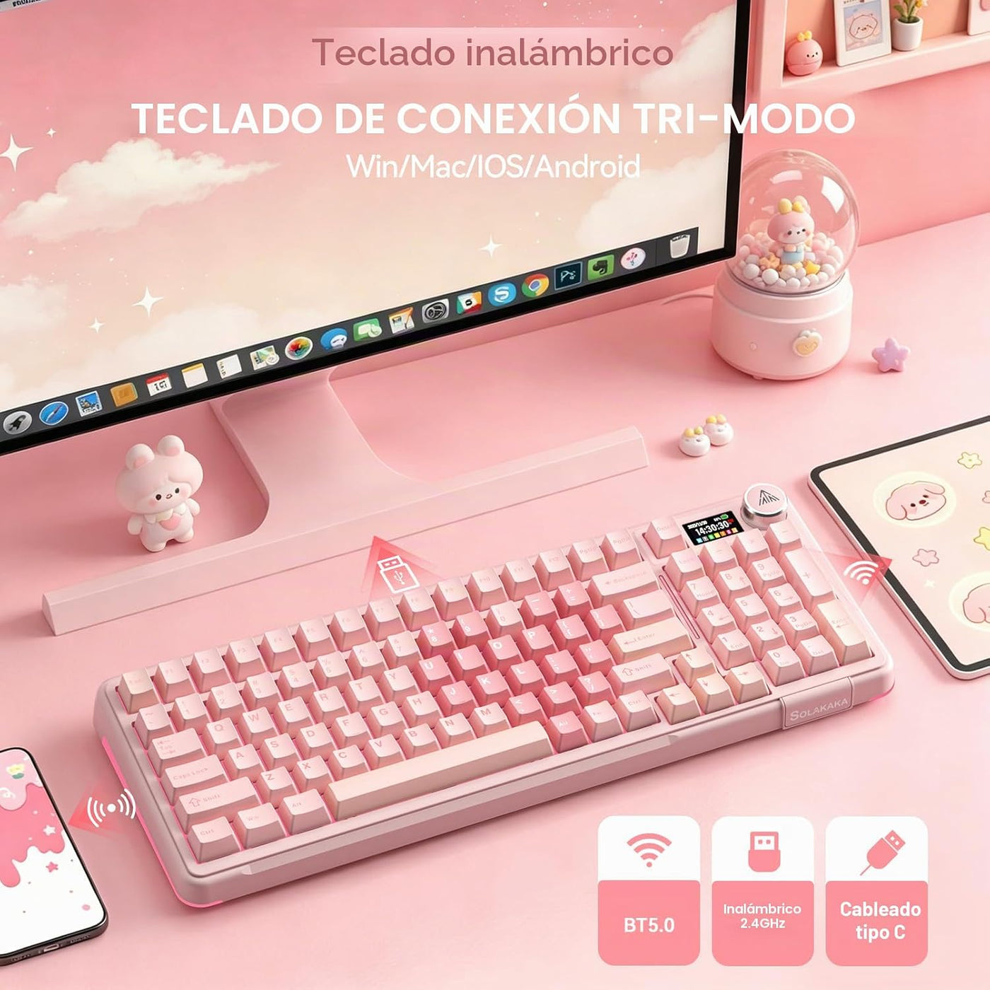 SOLAKAKA Teclado inalámbrico para juegos A99 Pro con pantalla LCD y...