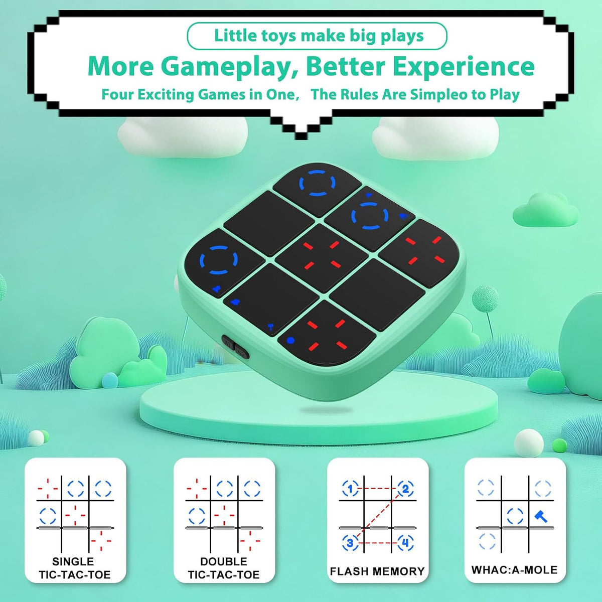 KOQQQ Juego de pernos recargables de Tic-Tac-Toe, consola de rompecabezas portátil 4 en 1, juego de memoria educativo electrónico, juegos de mesa portátiles de viaje en automóvil para niños y adultos