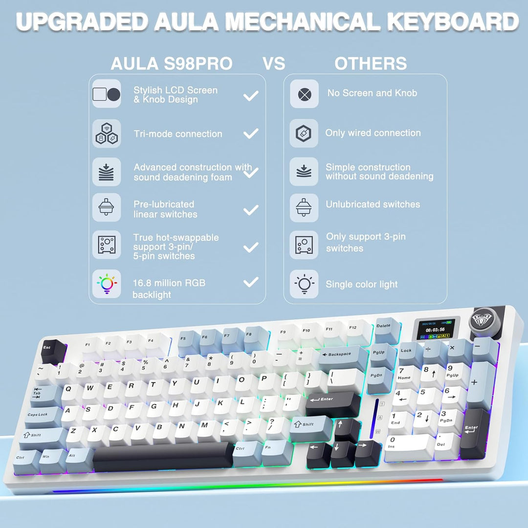 AULA Teclado mecánico inalámbrico S98 Pro, pantalla y perilla intel...