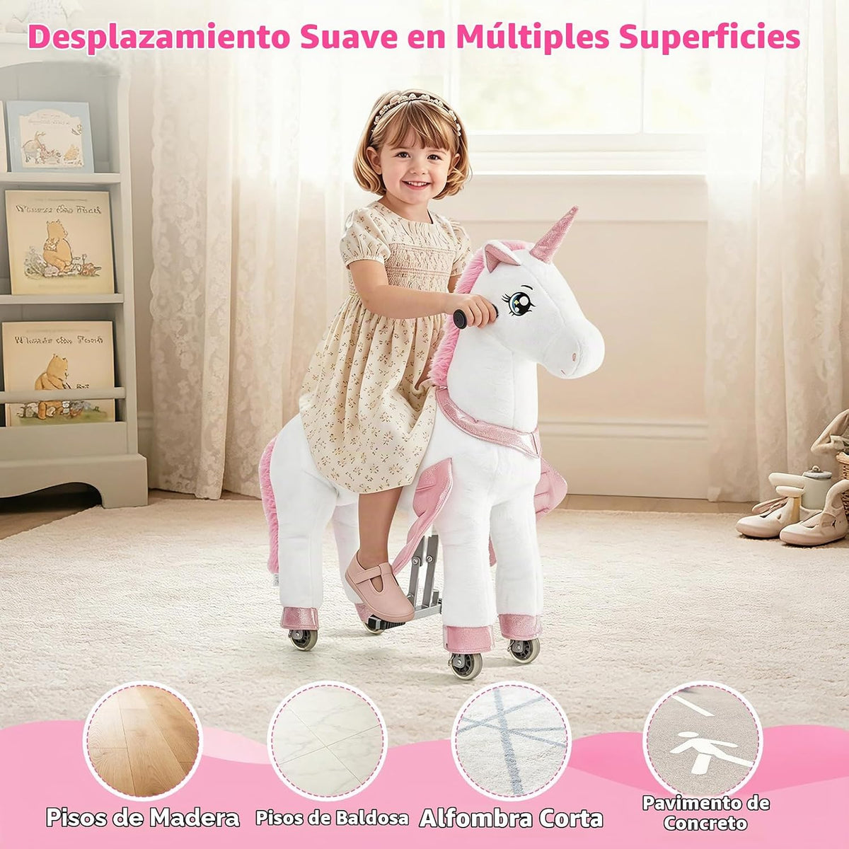 FUNLIO Caballo de unicornio para niños de 3 a 6 años, juguetes de felpa con ruedas para jugar en interiores y exteriores, fácil de montar, certificado CPC y CE, pequeño