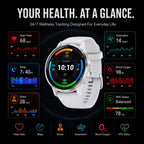 Garmin Reloj inteligente Venu 3 GPS, 1.772 pulgadas plata/piedra blanca, rastreador de actividad física con batería de 14 días y entrenador de sueño, incluye soporte de carga premium, cable de
