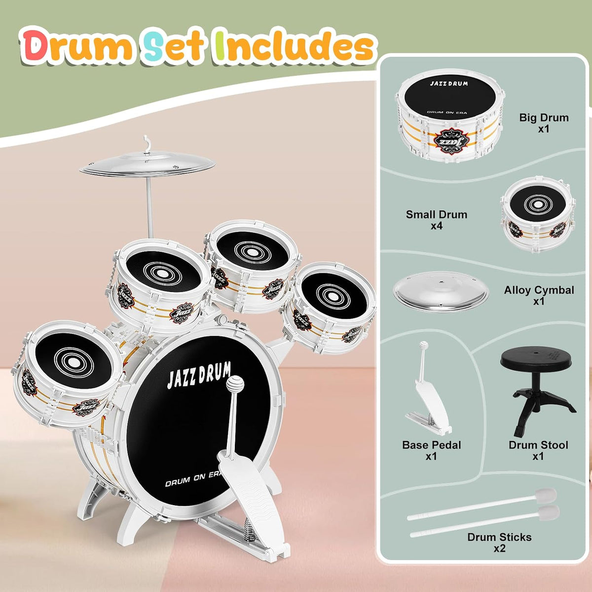 Juego de batería para niños pequeños de 1 a 3 a 5 años, juguetes musicales