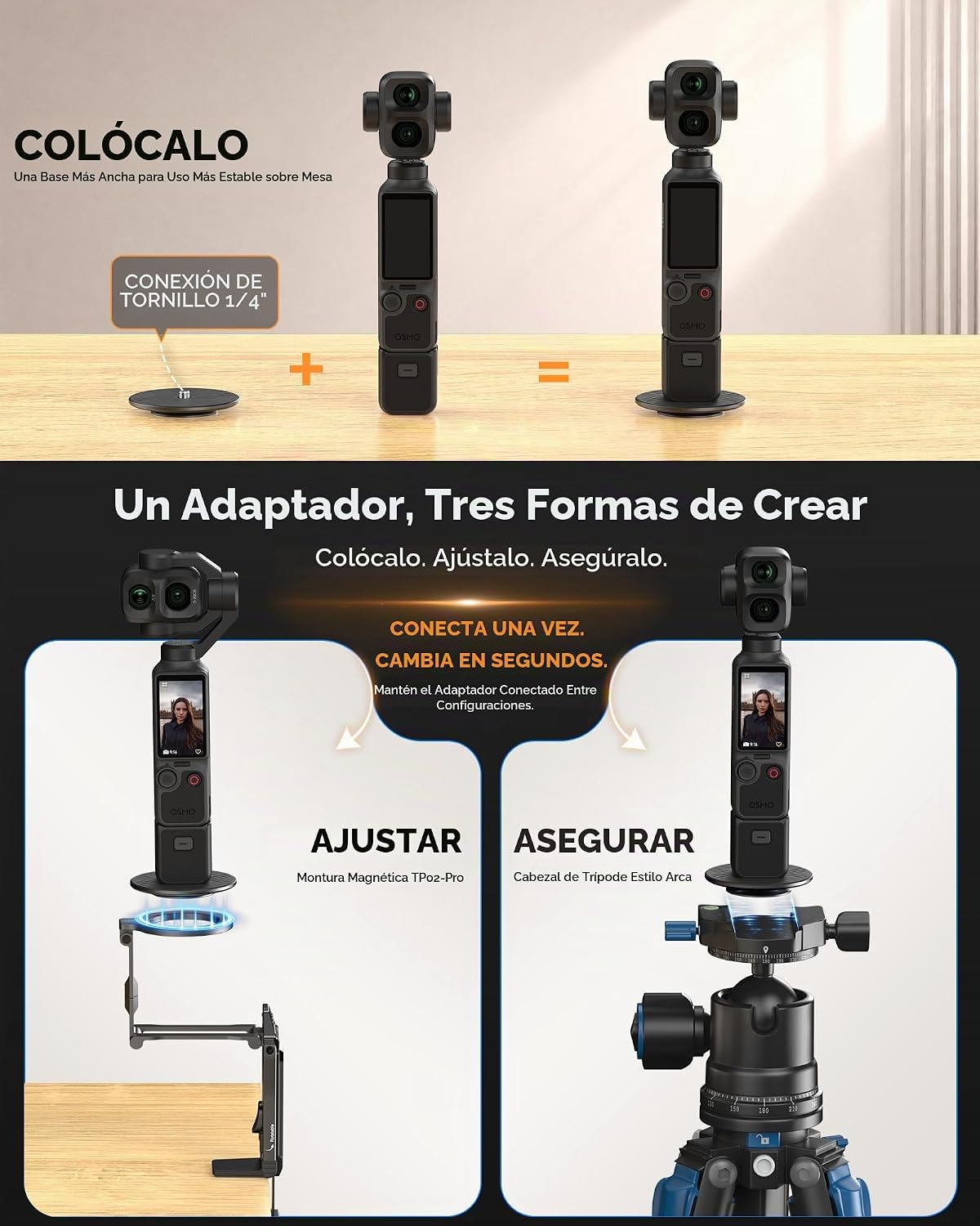 OMOTON TP02-Ultra Soporte Multi-Dispositivo para Cámara y Teléfono con Adaptador 1/4" Negro