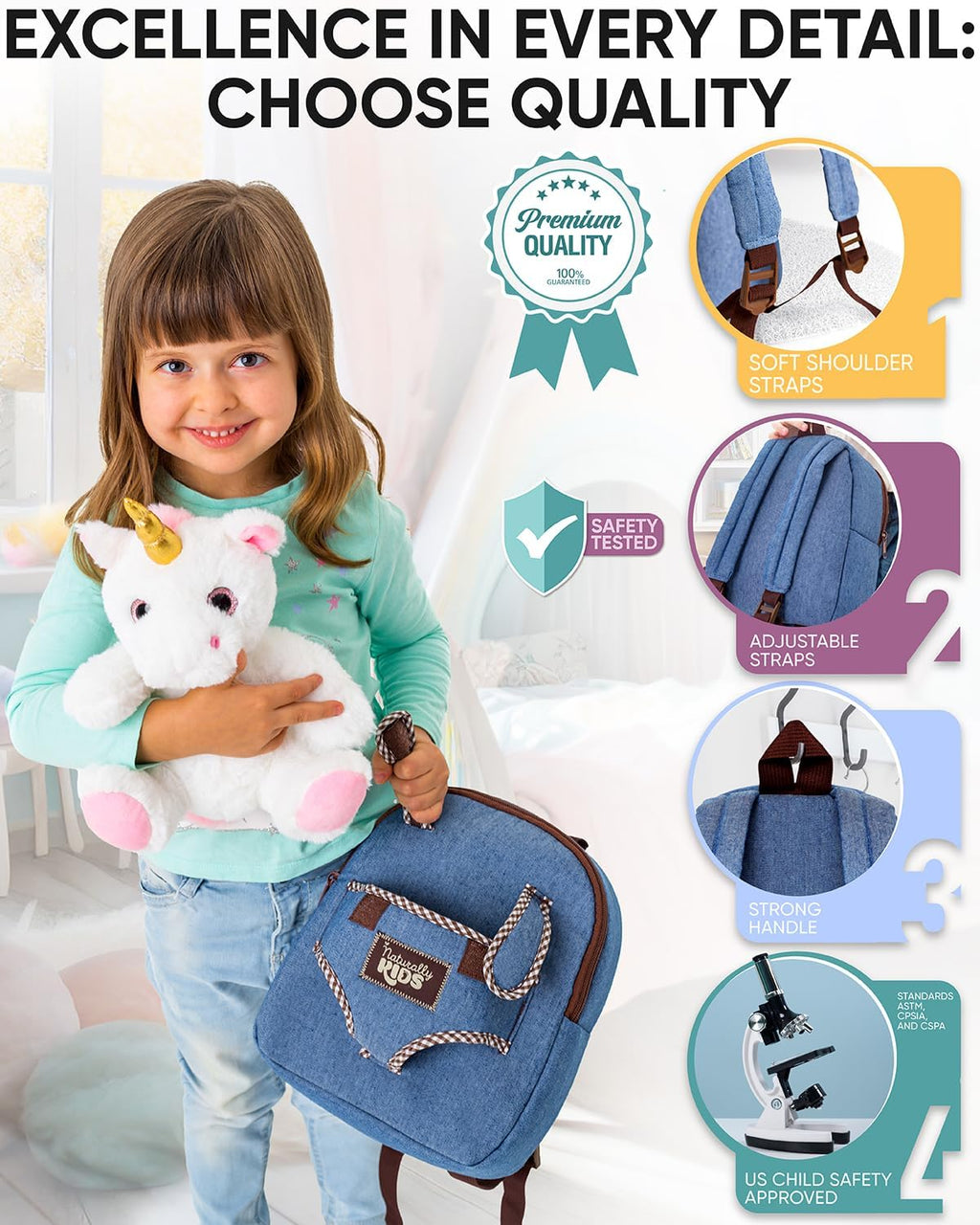 Naturally KIDS Mochila Unicornio, Juguetes Regalo de Cumpleaños para Niñas de 2, 3, 4, 5, 6 años