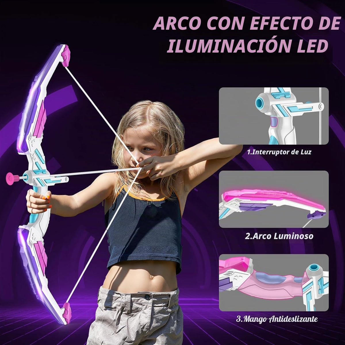 2 Pack Bow y Arrow para Kids, LED Light Up Girls Archery Set