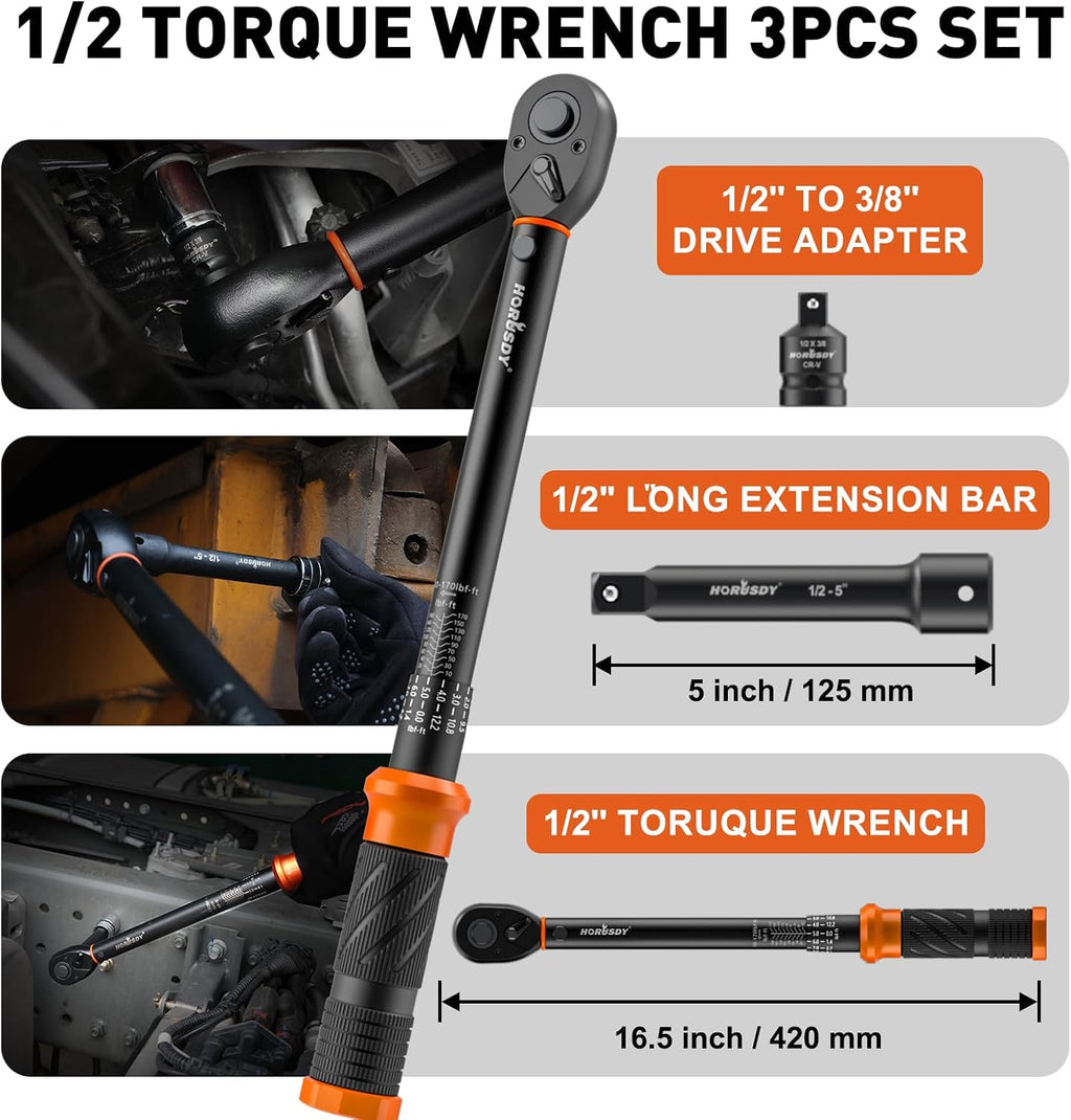 HORUSDY Juego de llaves dinamométricas de clic de accionamiento de 1/2 pulgada – 10-170 ft-lb / 13.6–230.5 Nm, ±3% de precisión, escala doble, cabezal reversible de 72 dientes con extensión de 5