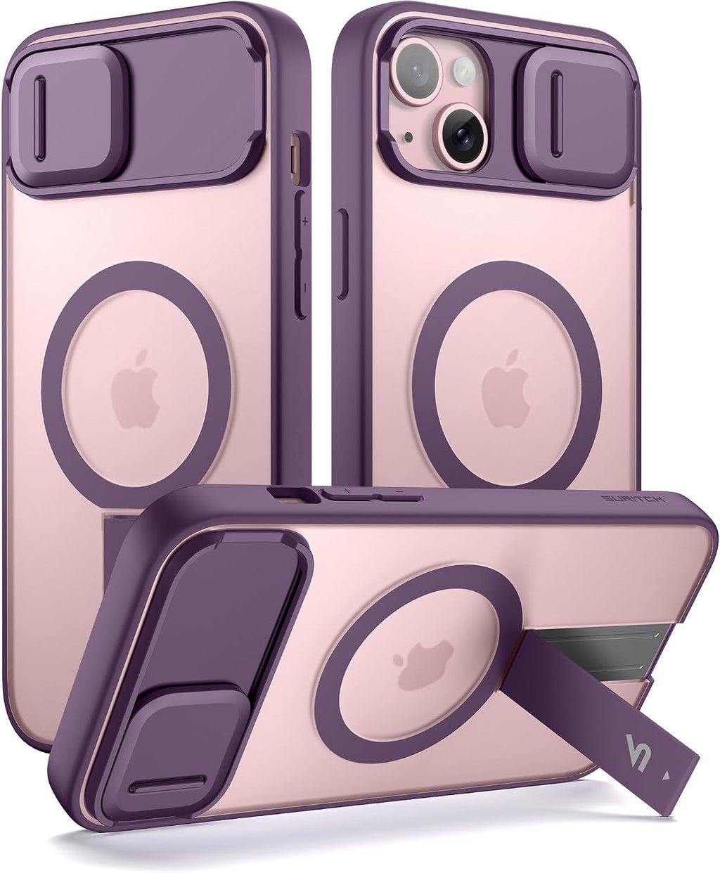 SURITCH Funda para iPhone 15, compatible con MagSafe, soporte integrado y cubierta de cámara y parte trasera translúcida, funda protectora resistente a prueba de golpes de 6.1 pulgadas, morado