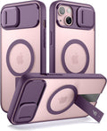 SURITCH Funda para iPhone 15, compatible con MagSafe, soporte integrado y cubierta de cámara y parte trasera translúcida, funda protectora resistente a prueba de golpes de 6.1 pulgadas, morado