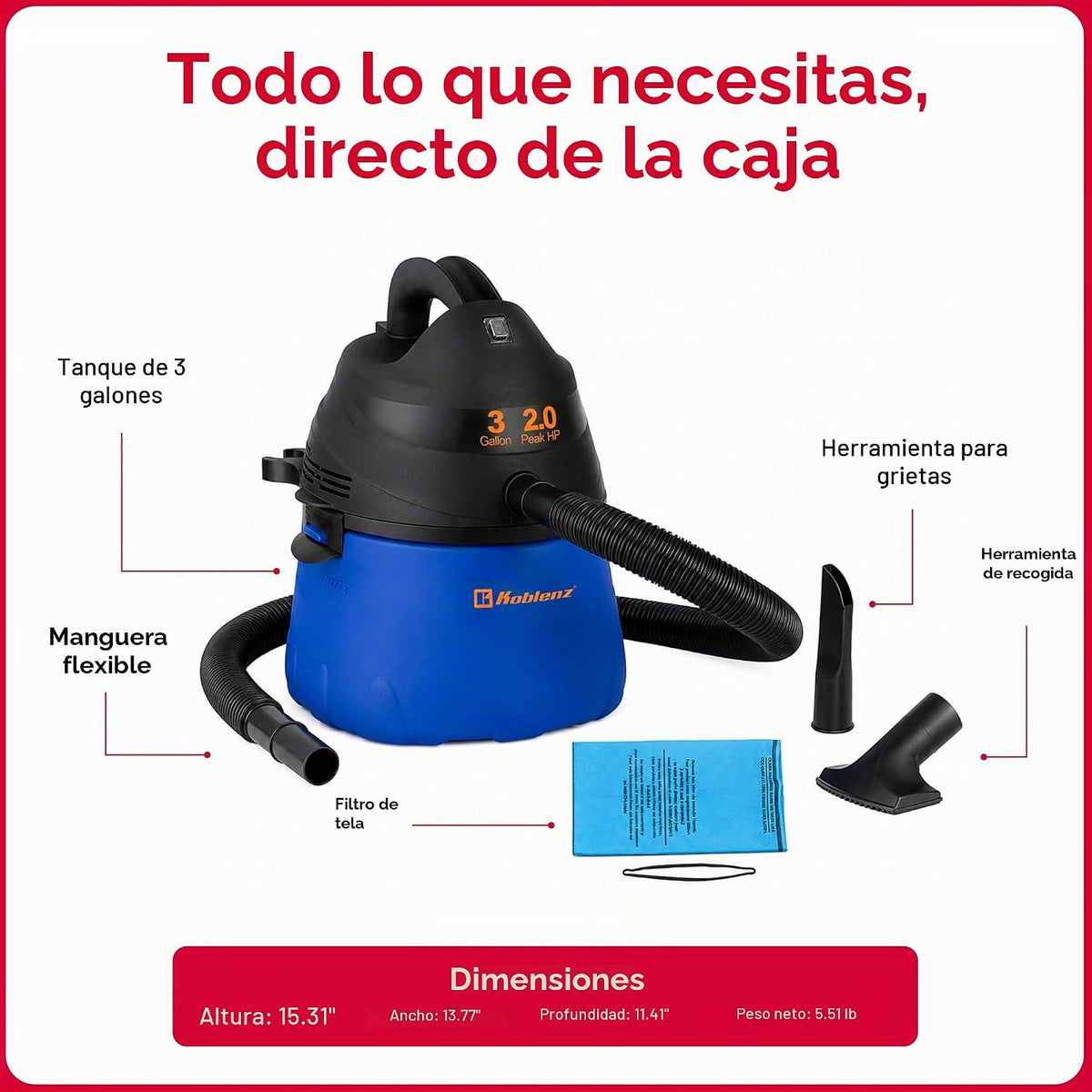 Koblenz WD-353L Aspiradora en seco y húmedo, taller de garaje para el hogar