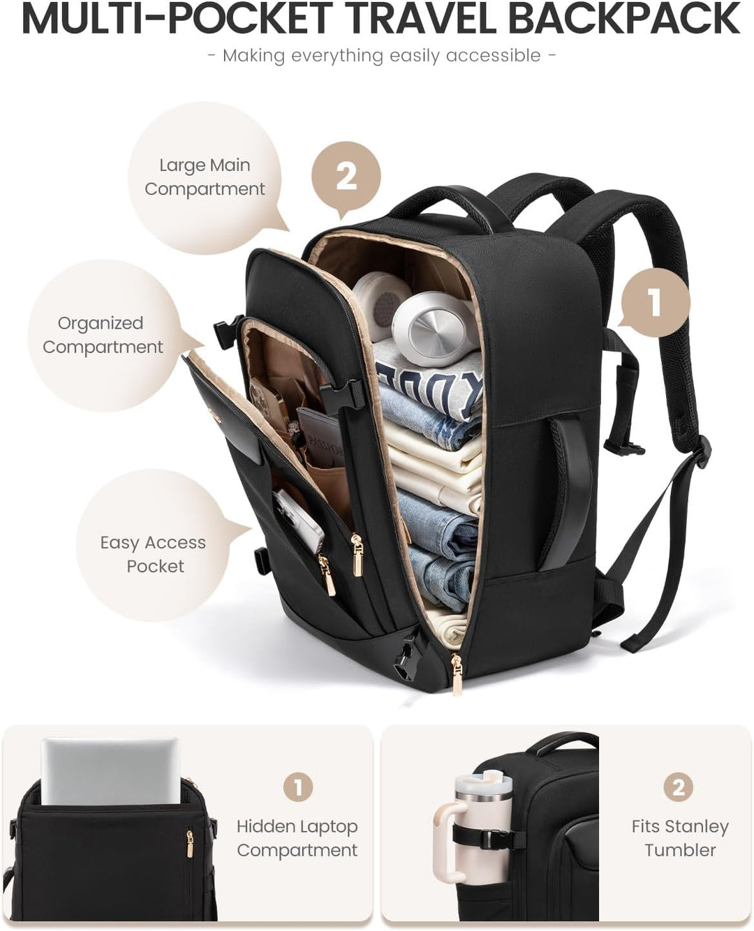 LOVEVOOK Mochila de viaje de 40 L para mujeres y hombres, mochila g...