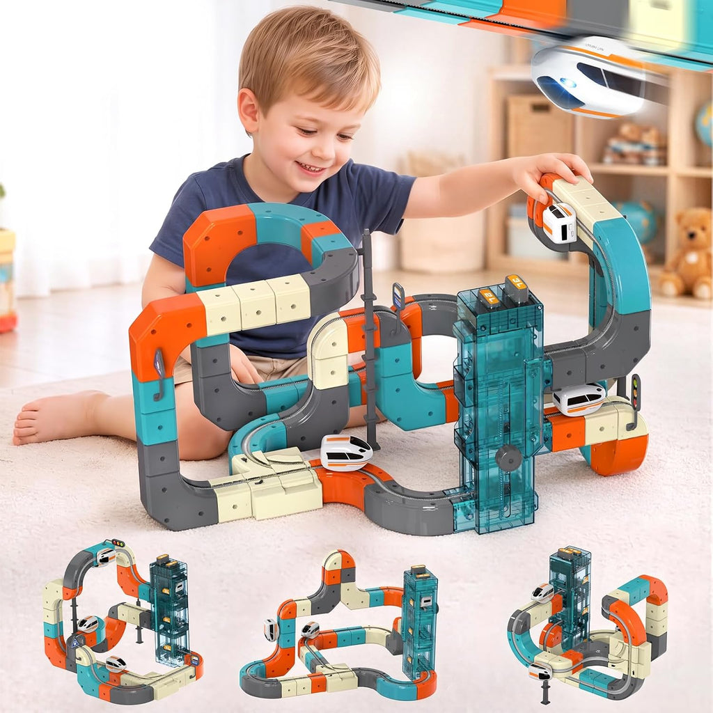 Juego de tren eléctrico de 106 piezas para niños con elevador automático e