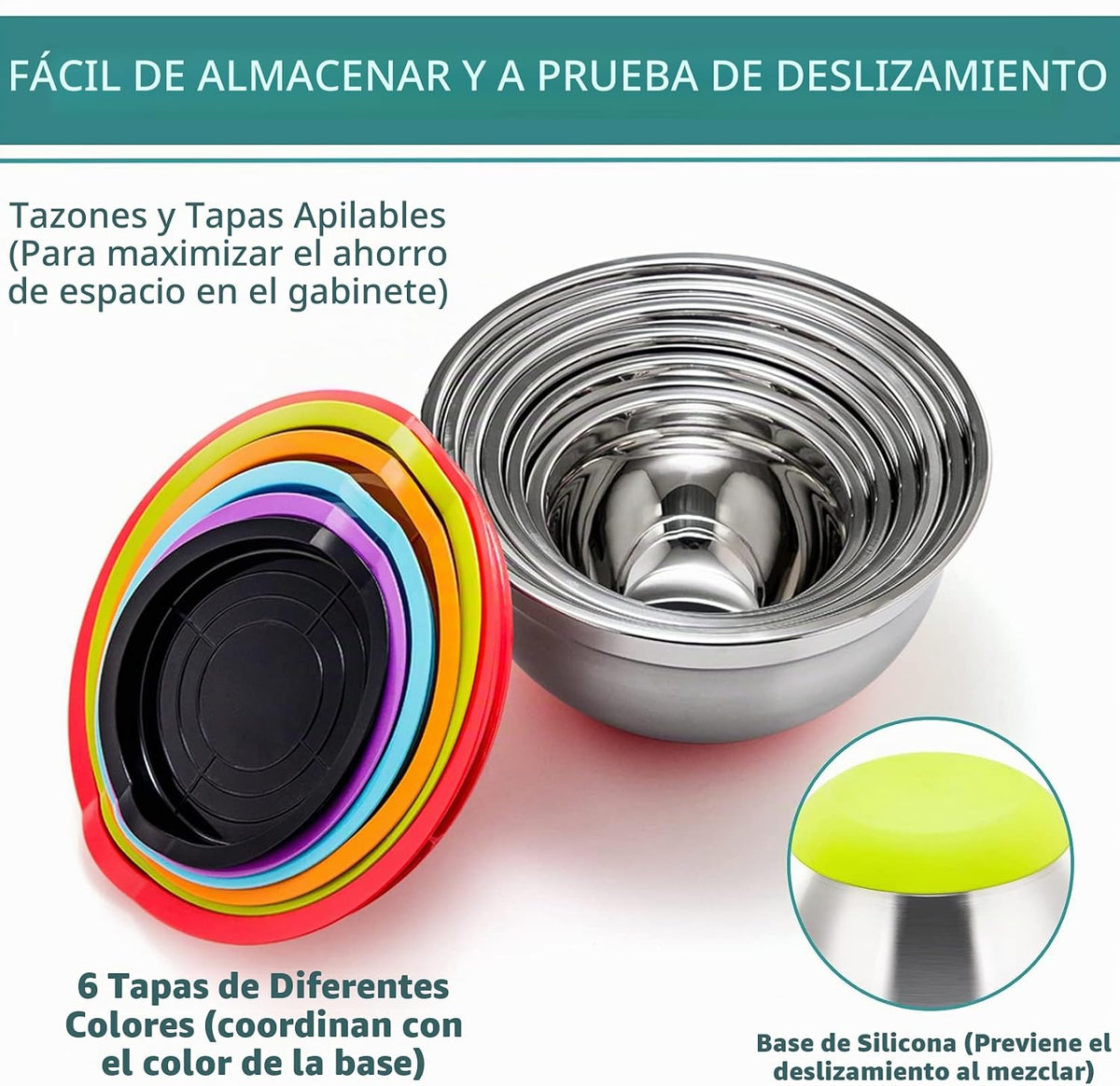 P&P CHEF Juego de 6 cuencos de acero inoxidable con tapas, multicolor