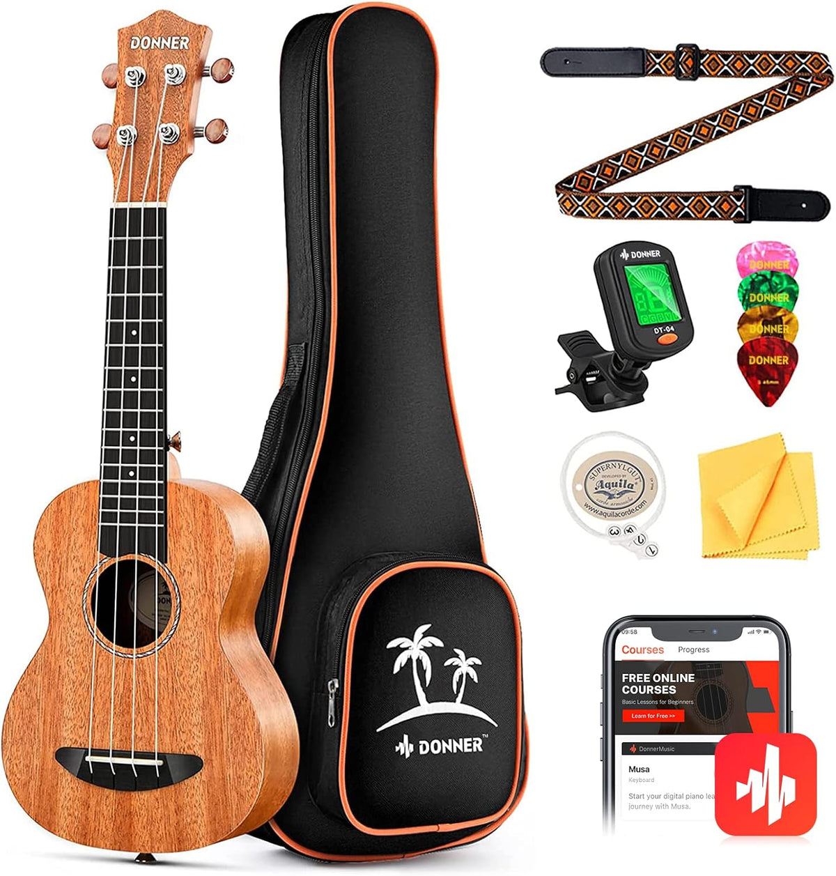 Donner Kit de ukelele para concierto, de madera de caoba y 23 pulgadas, principiante, con clase en línea gratuita, bolsa de actuación, correa, cuerda de nailon, afinador, púas, paño de limpieza, DUC-1
