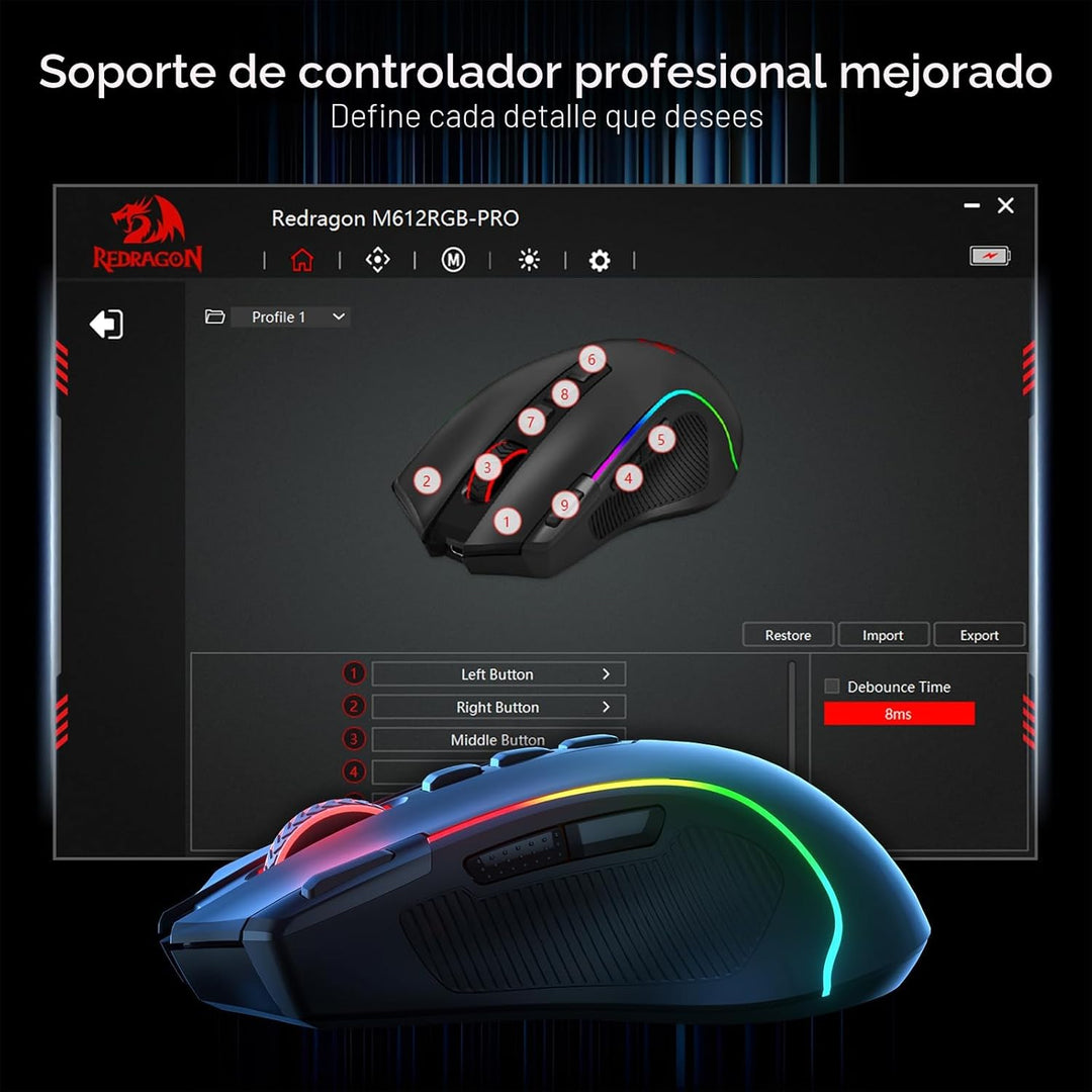 Redragon Ratón para juegos M612 PRO RGB, 8000 DPI con cable\/inalám...