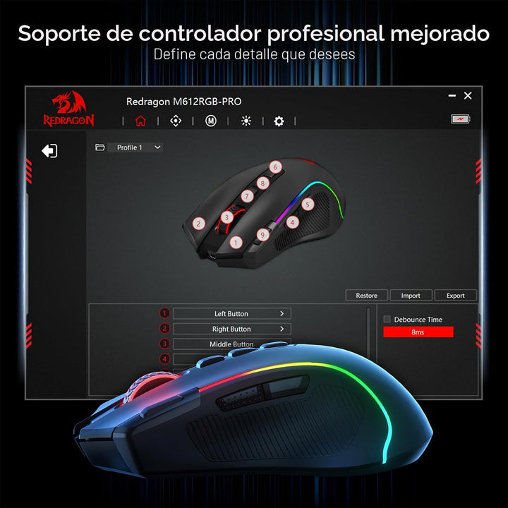 Redragon Ratón para juegos M612 PRO RGB, 8000 DPI con cable\/inalám...