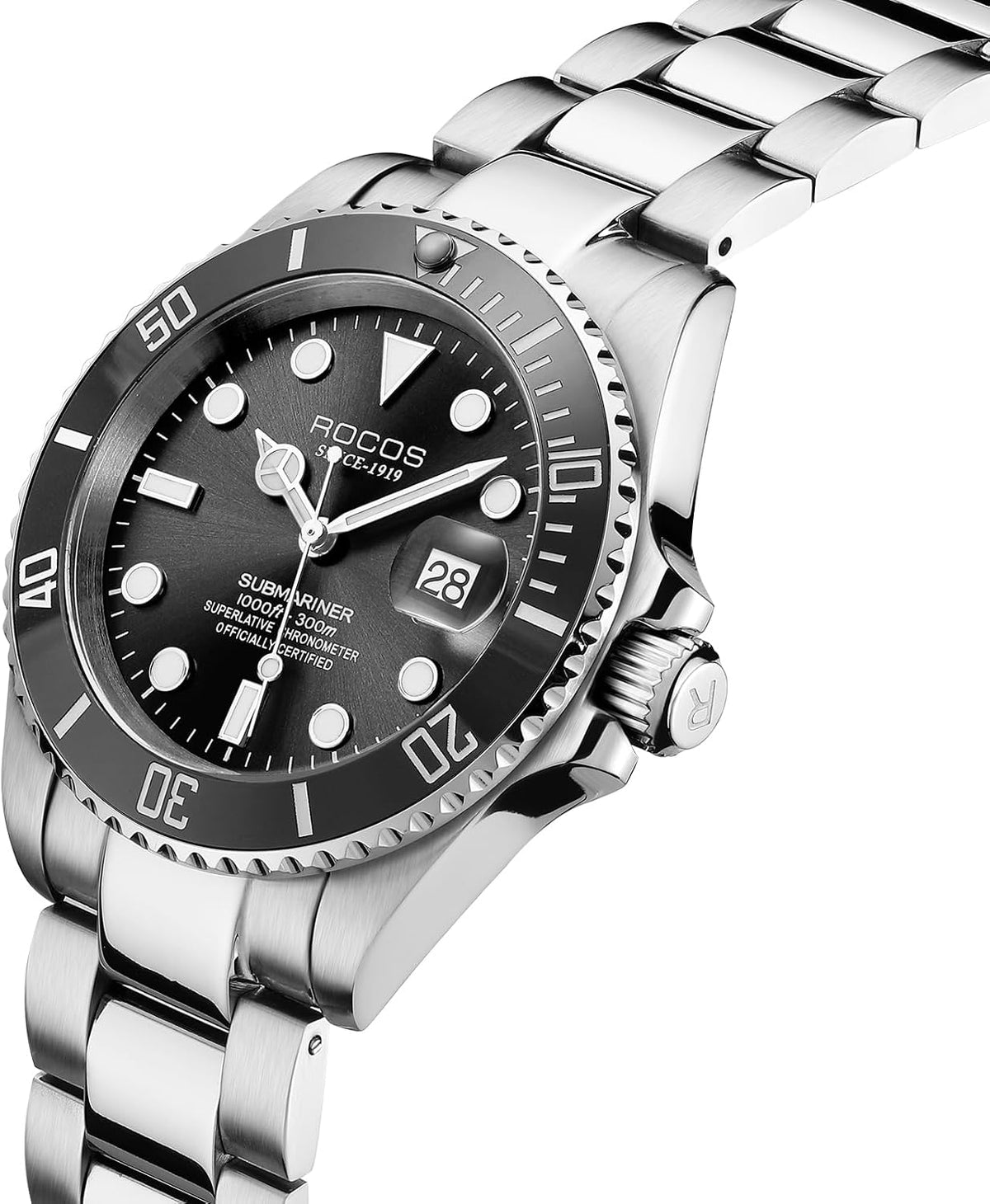 ROCOSJEWE Reloj mecánico automático para hombre, esfera negra, bisel de cerámica, impermeable, pantalla de calendario luminoso, correa ajustable de acero inoxidable, regalos R0158black