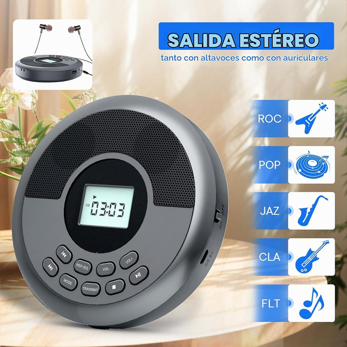 Reproductor de CD portátil Bluetooth con altavoces y auriculares