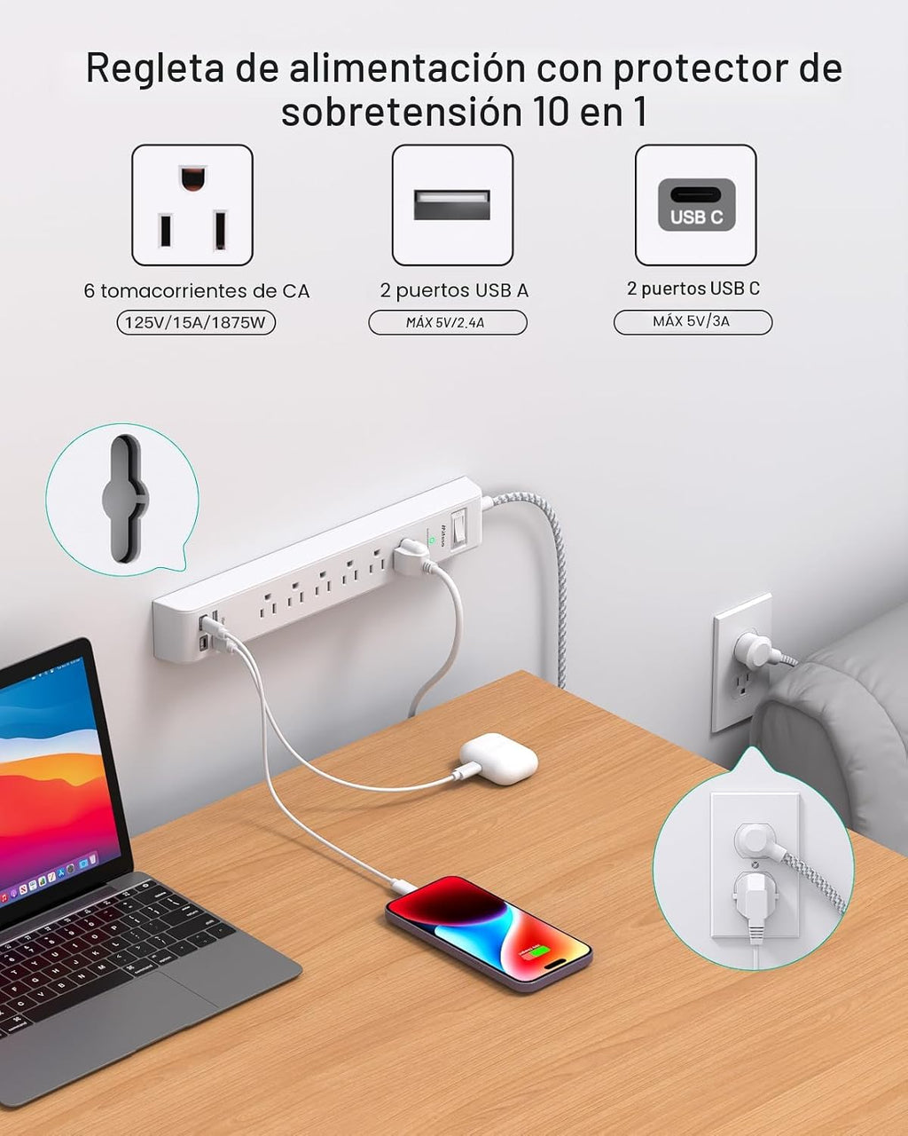 Paquete de 2 regletas protectoras contra sobretensiones, 6 tomas, 4 puertos USB (2 USB C) cables de extensión de 5 pies de largo, tira de salida de protección contra sobrecarga de enchufe plano