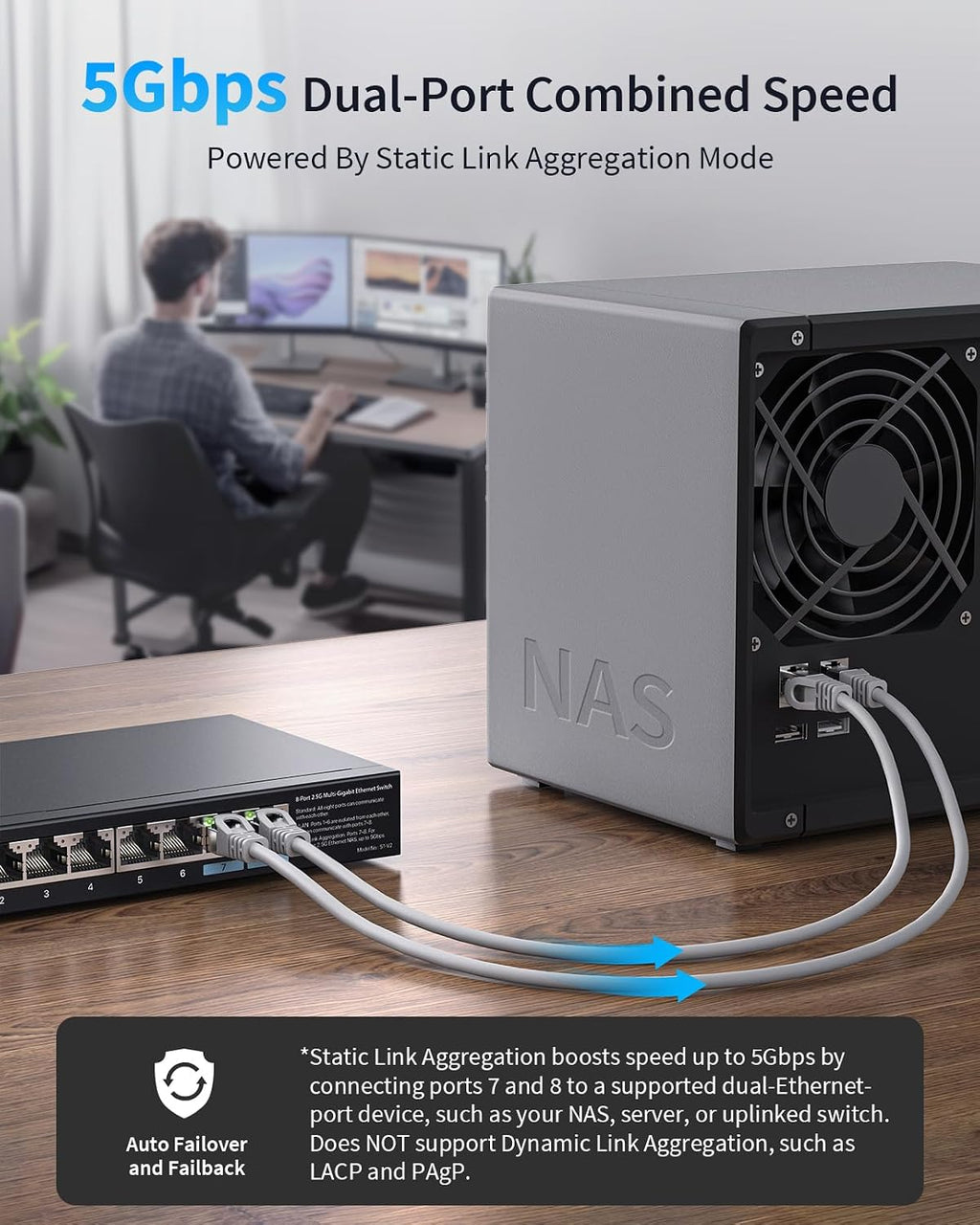 BrosTrend Interruptor 2.5Gb, Interruptor Ethernet de 8 Puertos No Administrado 2.5 Gigabit Soporta Agregación de Enlaces, Estáticos y VLAN, Sin Ventilador, Montaje de Escritorio/Pared, Divisor Multi