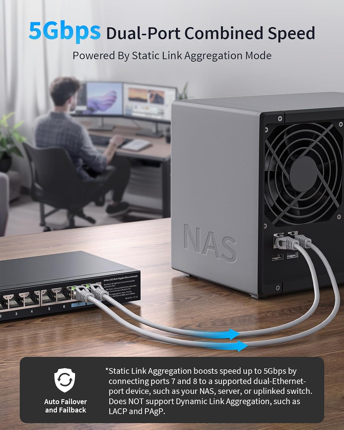 BrosTrend Interruptor 2.5Gb, Interruptor Ethernet de 8 Puertos No Administrado 2.5 Gigabit Soporta Agregación de Enlaces, Estáticos y VLAN, Sin Ventilador, Montaje de Escritorio/Pared, Divisor Multi