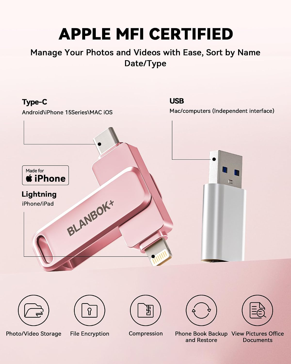 BLANBOK+ Memoria USB para Fotos de iPhone de 256GB con Certificació...
