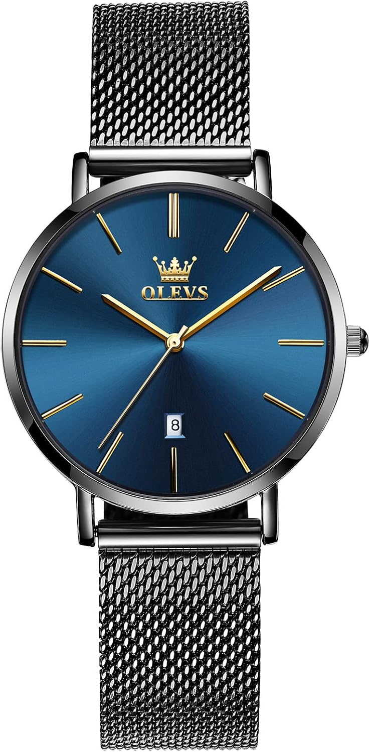 OLEVS Reloj de pulsera de malla para mujer, elegante cara grande de tres manecillas analógicas de cuarzo, reloj de pulsera femenino elegante y delgado con pantalla de fecha impermeable, relojes para