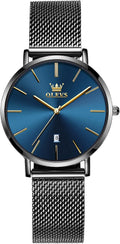 OLEVS Reloj de pulsera de malla para mujer, elegante cara grande de tres manecillas analógicas de cuarzo, reloj de pulsera femenino elegante y delgado con pantalla de fecha impermeable, relojes para